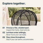 Supervised use: choose a flat shaded spot and inspect the sphere; let your cat enter willingly; stay close and stop if uncomfortable.