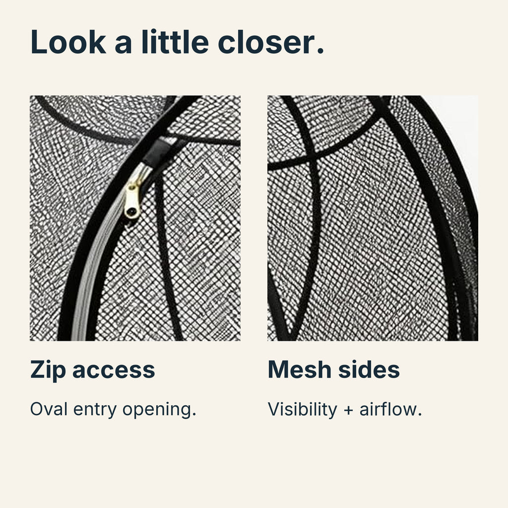 Original photograph close-ups showing the oval entry zipper and mesh sides for visibility and airflow.