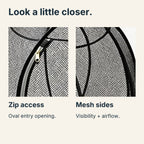 Original photograph close-ups showing the oval entry zipper and mesh sides for visibility and airflow.